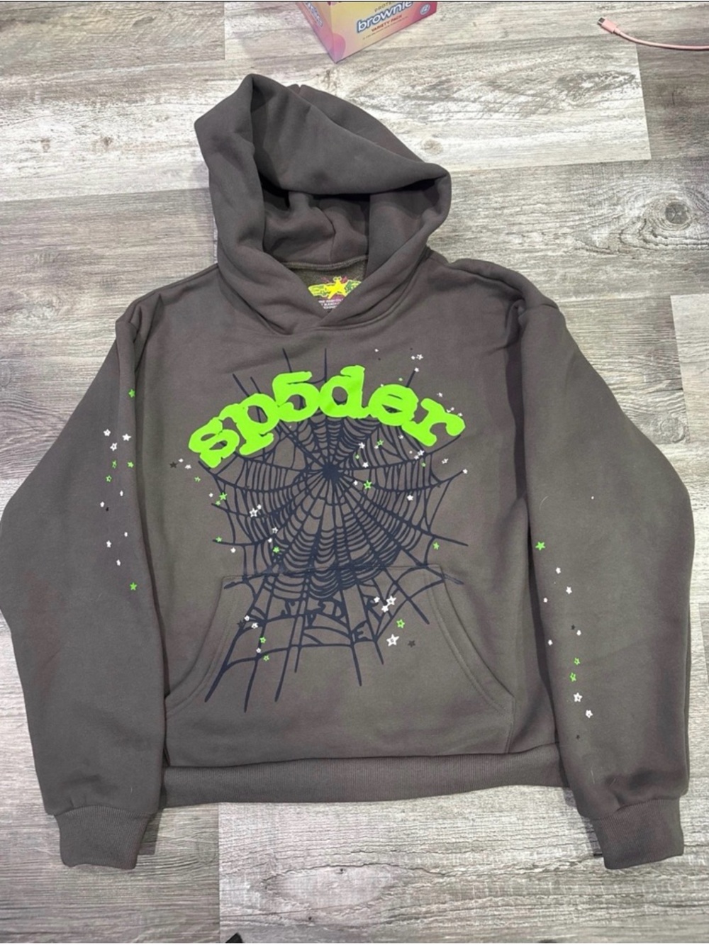 Gray Spider Web Hoodie with Neon Green Logo